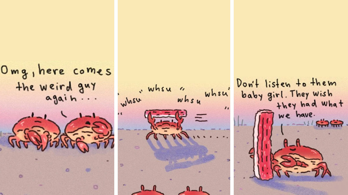 Funny and slightly dark comic strip featuring crabs, illustrating social commentary with humorous and quirky dialogue.