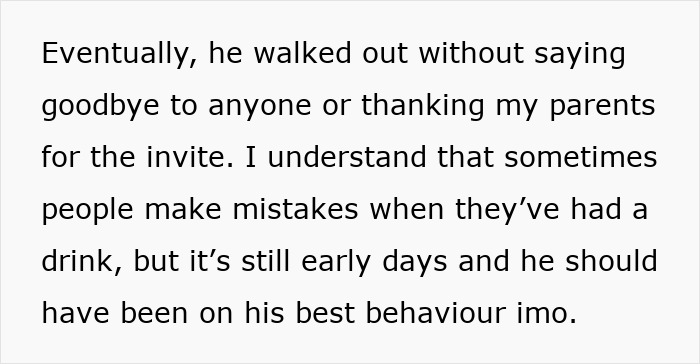 Text excerpt expressing disappointment in sister's boyfriend for bad behavior despite early relationship days and drinking mistakes. Text excerpt expressing disappointment in sister's boyfriend for bad behavior despite early relationship days and drinking mistakes.