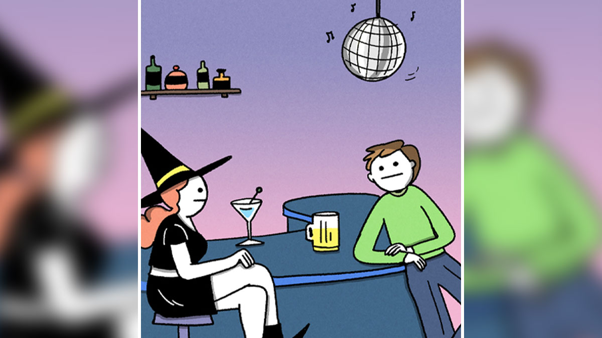 Two characters in a bar with a disco ball, one wearing a witch costume, from humorous comics with unexpected plot twists.