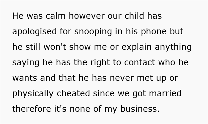Text showing a spouse defending their right to contact others after daughter found dad cheating texts, denying physical cheating. Text showing a spouse defending their right to contact others after daughter found dad cheating texts, denying physical cheating.