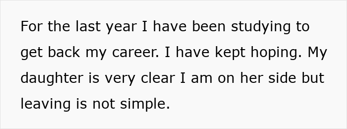 Text about a daughter finding dad cheating texts and the complexity of leaving despite support from her. Text about a daughter finding dad cheating texts and the complexity of leaving despite support from her.