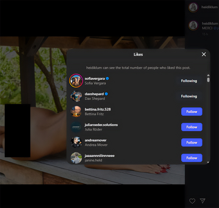 Dax Shepard liking Heidi Klum photo with no clothes on, visible Instagram likes list on screen. Dax Shepard liking Heidi Klum photo with no clothes on, visible Instagram likes list on screen.