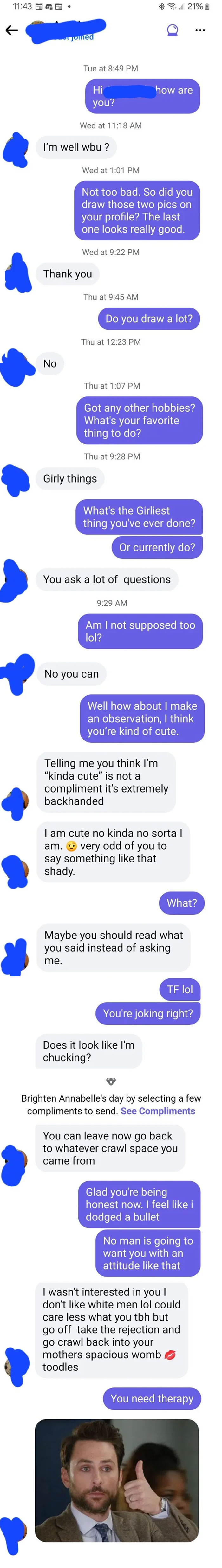 Screenshot of a toxic text conversation exemplifying how nice girls can display toxic behavior similarly to nice guys.