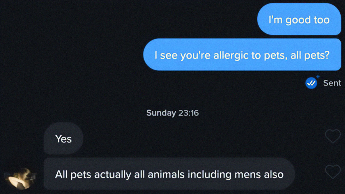 Text conversation screenshot showing a discussion about pet allergies, highlighting toxic behavior from nice girls.
