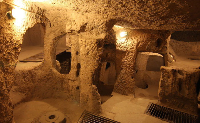 Ancient mysterious underground city carved into rock, featuring multiple chambers and passageways 18 stories deep and 280 feet underground. Ancient mysterious underground city carved into rock, featuring multiple chambers and passageways 18 stories deep and 280 feet underground.