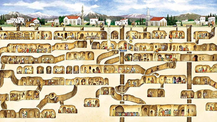 Cutaway illustration of a mysterious underground city with 18 stories and 280 feet deep showing rooms and tunnels. Cutaway illustration of a mysterious underground city with 18 stories and 280 feet deep showing rooms and tunnels.