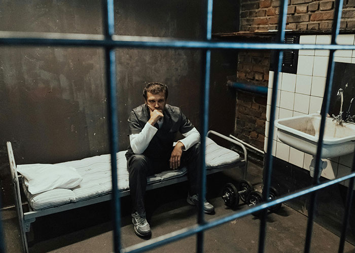 Man sitting on a metal bed behind bars, reflecting on trust and disgusting things discovered about friends.