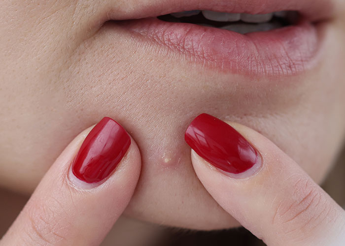Close-up of a person with red nails squeezing a pimple on their chin, illustrating disgusting things discovered about friends.
