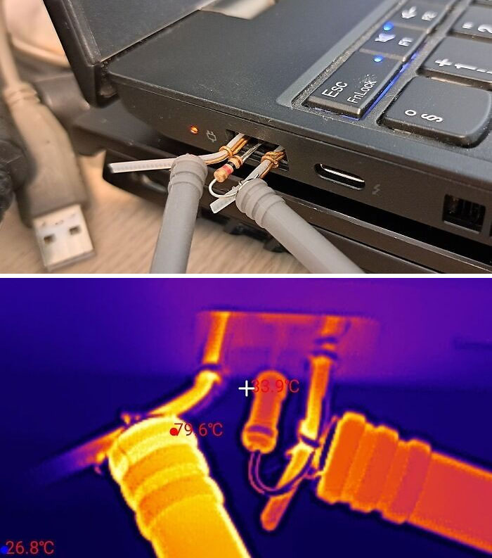 Close-up of a DIY disaster with homemade wiring connected to a laptop USB port, showing heat detected in a thermal image.