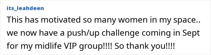 Text post from user its_leahdeen sharing excitement about an upcoming push-up challenge for women in a midlife VIP group. Text post from user its_leahdeen sharing excitement about an upcoming push-up challenge for women in a midlife VIP group.