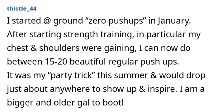 Text post from user thistle_44 sharing progress on a push-ups challenge, highlighting strength training benefits for women. Text post from user thistle_44 sharing progress on a push-ups challenge, highlighting strength training benefits for women.