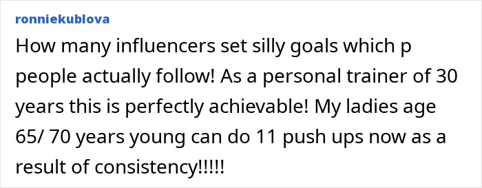 Text post about a personal trainer claiming the 11 push-ups challenge can improve women's strength and fitness with consistency Text post about a personal trainer claiming the 11 push-ups challenge can improve women's strength and fitness with consistency