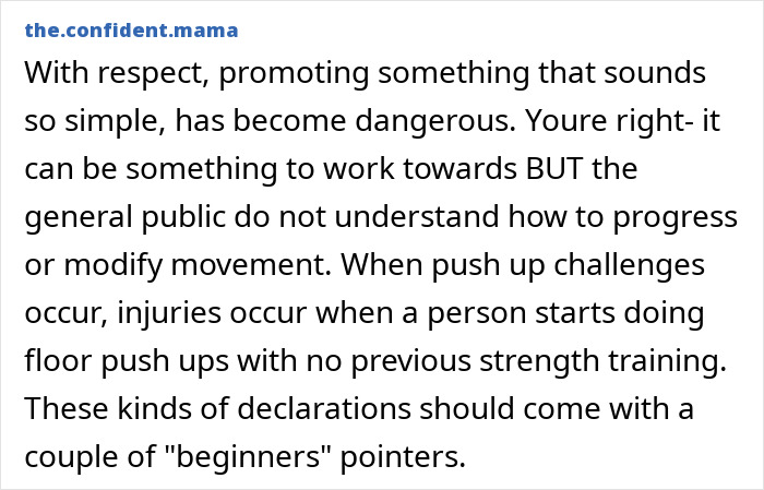 Comment from the confident.mama discussing risks and safety tips for the doctor reveal 11 push-ups challenge for women. Comment from the confident.mama discussing risks and safety tips for the doctor reveal 11 push-ups challenge for women.