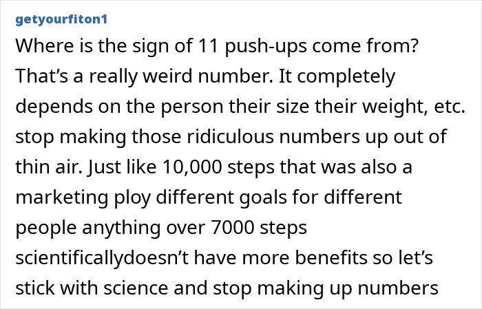 Comment discussing skepticism about the 11 push-ups challenge and its scientific basis for health benefits. Comment discussing skepticism about the 11 push-ups challenge and its scientific basis for health benefits.