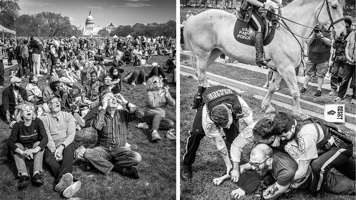 Black and white striking photographs capturing the hidden poetry of everyday life in public and protest scenes.