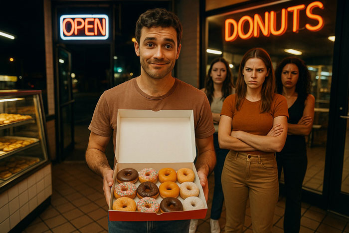 Man holding a box of donuts inside a shop with three angry women, hinting at parking spot revenge instead of donuts. Man holding a box of donuts inside a shop with three angry women, hinting at parking spot revenge instead of donuts.