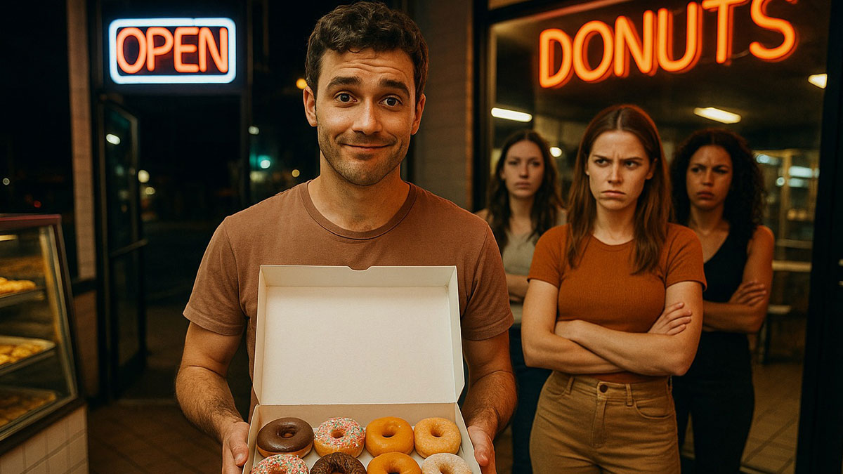 Man holding donuts box with three angry women behind, outside a donut shop at night under neon signs.