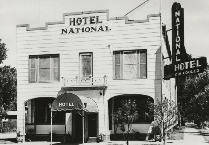 Historic black and white photo of Hotel National, an early landmark in the birth of Vegas with classic vintage architecture.