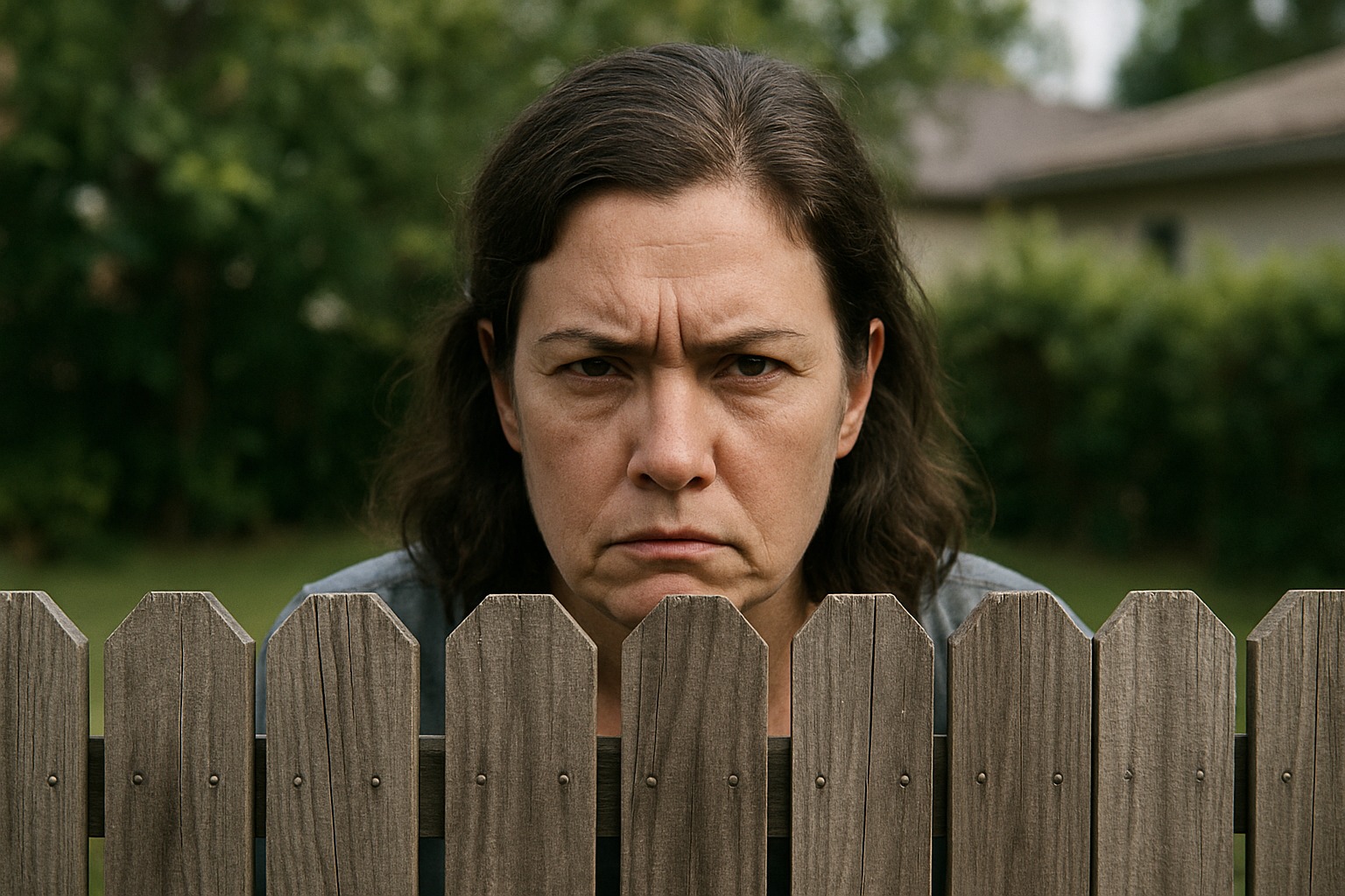 Homeowner standing behind wooden fence with a serious face, blocking entitled neighbor’s request to move fence for view