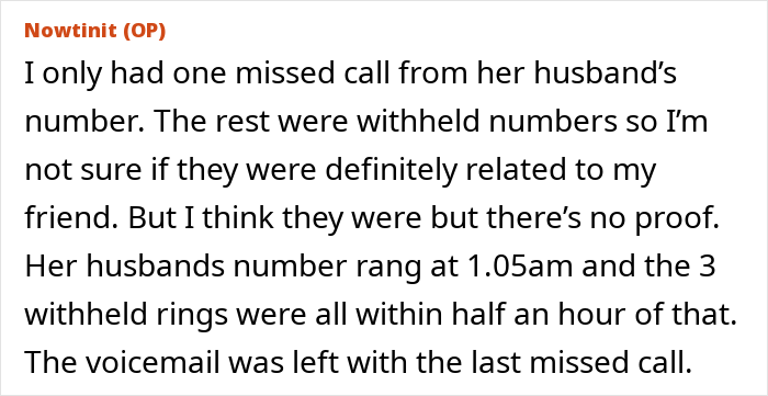 Alt text: Text excerpt about a woman missing calls and sending a malicious voicemail related to a friend’s wedding situation. Alt text: Text excerpt about a woman missing calls and sending a malicious voicemail related to a friend’s wedding situation.