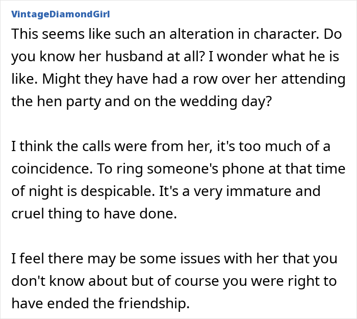 Alt text: Text discussing a woman turning flaky and sending a malicious voicemail after missing her friend's wedding. Alt text: Text discussing a woman turning flaky and sending a malicious voicemail after missing her friend's wedding.