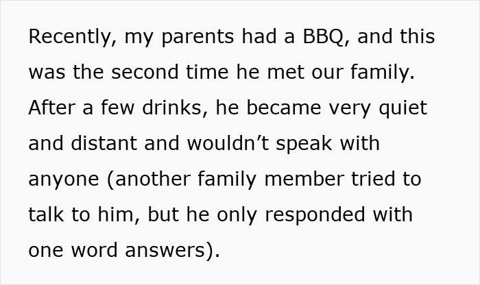 Text excerpt about sister's boyfriend acting fake and distant during family BBQ, raising doubts about his authenticity. Text excerpt about sister's boyfriend acting fake and distant during family BBQ, raising doubts about his authenticity.