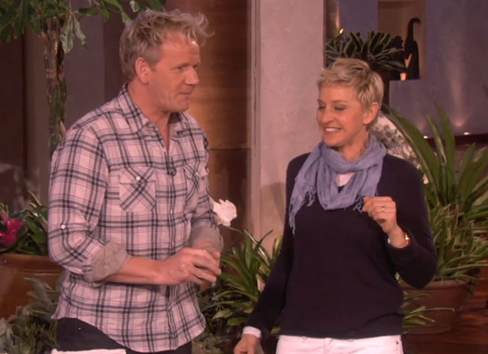 Ellen DeGeneres and Gordon Ramsay in a studio setting, amid discussions linked to bullying controversy claims.