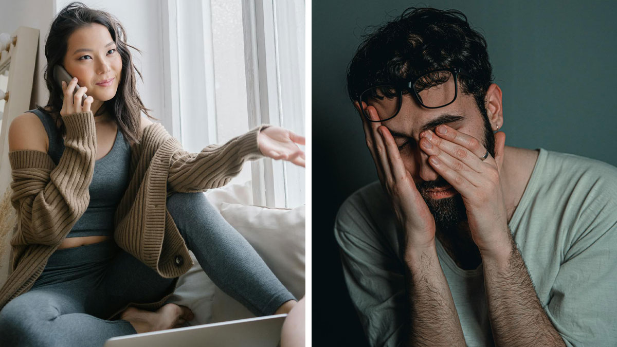 Couple hosting old friend, woman on phone gesturing, man frustrated with wild requests in dim light background.