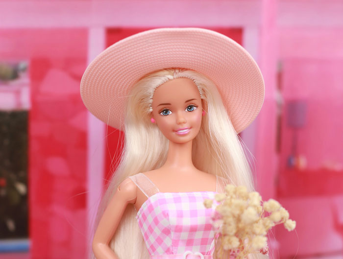 Collector doll with long blonde hair and pink hat, posed in front of a bright pink background holding dried flowers. Collector doll with long blonde hair and pink hat, posed in front of a bright pink background holding dried flowers.