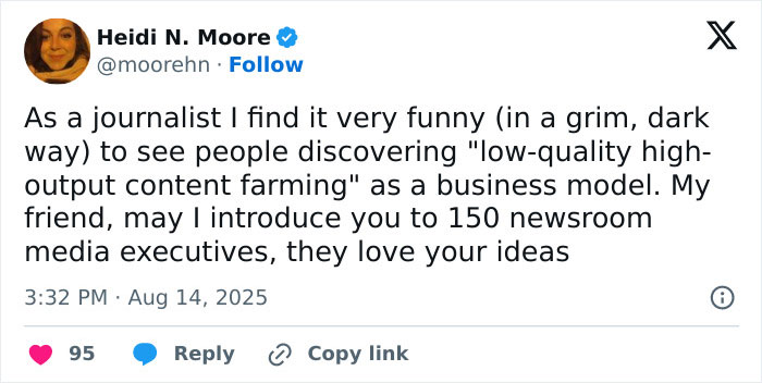 Tweet by Heidi N. Moore discussing AI content farming and media executives reacting to the $3M AI book publishing entrepreneur. Tweet by Heidi N. Moore discussing AI content farming and media executives reacting to the $3M AI book publishing entrepreneur.