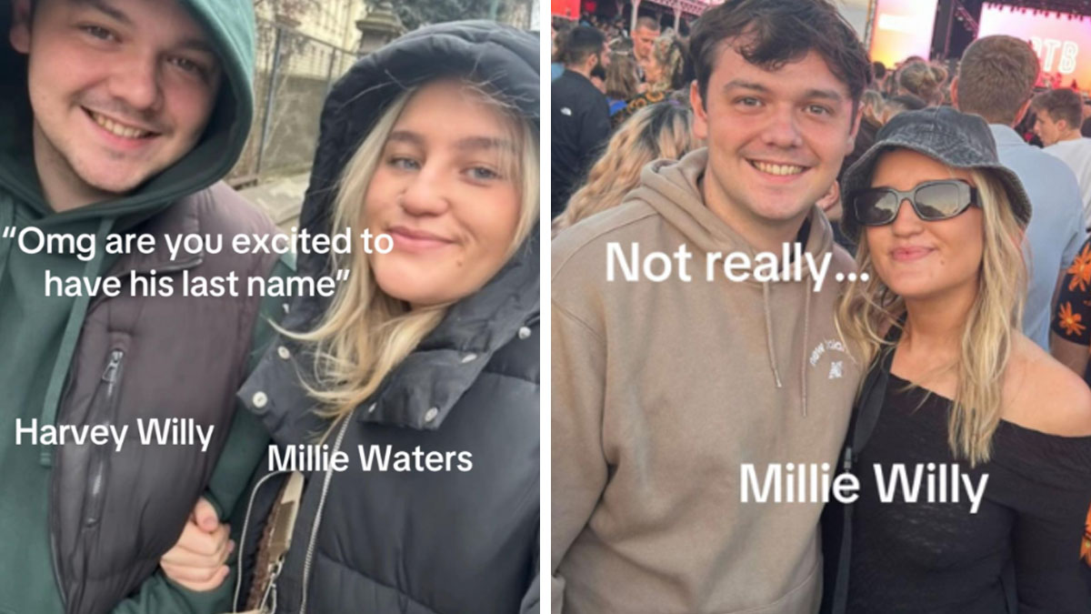 Couple sharing a funny moment about the married surname trend and the womanu2019s reaction to changing her last name.