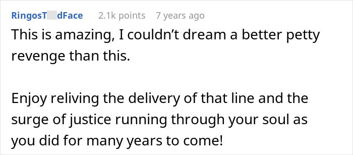Comment text praising a petty revenge story about a lady stealing a couple's parking spot and getting served revenge. Comment text praising a petty revenge story about a lady stealing a couple's parking spot and getting served revenge.