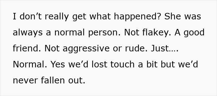 Text excerpt discussing a woman suddenly turning flaky, missing her friend’s wedding, and the impact on their friendship. Text excerpt discussing a woman suddenly turning flaky, missing her friend’s wedding, and the impact on their friendship.