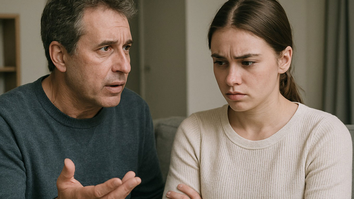Stepdad and young woman having a tense conversation, illustrating emotional conflict and strained family relationship.
