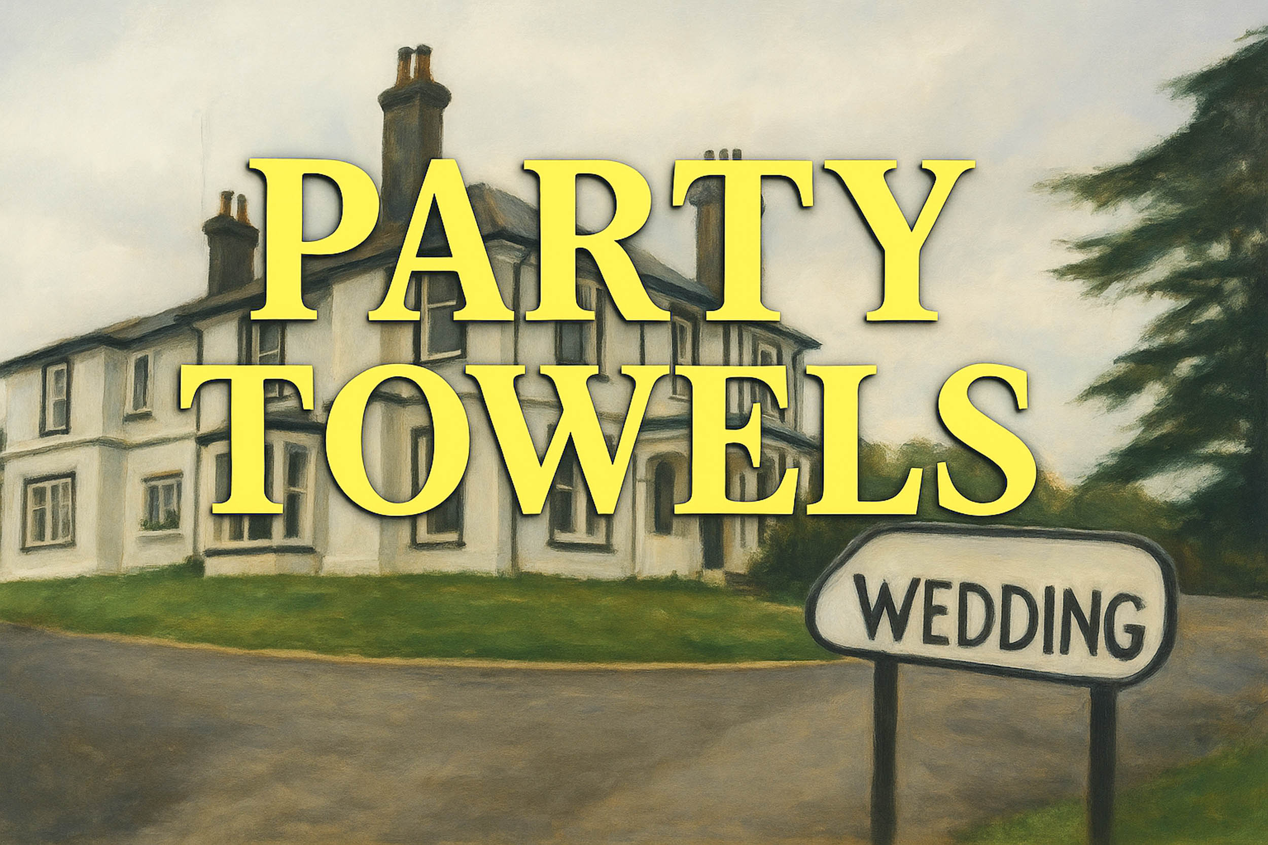 Large yellow party towels text over a country house with a wedding directional sign next to a tree and road.