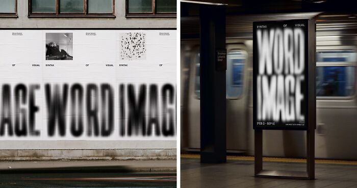 Blurred large typography art featuring word and image concepts displayed on a street wall and a subway station ad panel.