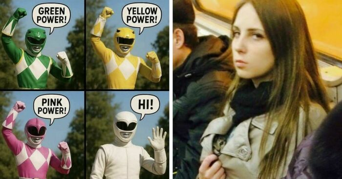 Four colorful Power Rangers showing their powers and a woman holding a kitten in a crowded subway, clean meme theme.