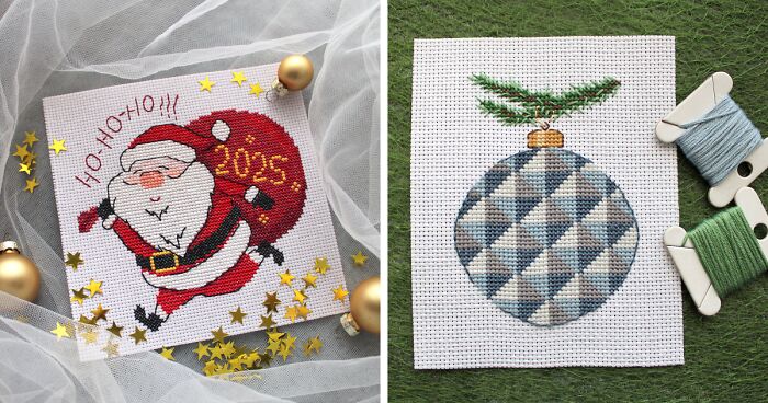 Santa Claus and a Christmas ornament cross stitch patterns surrounded by thread spools and golden decorations for holiday crafting.
