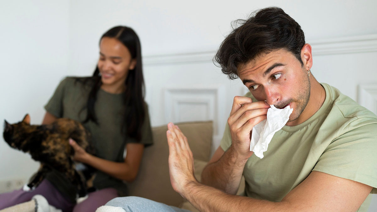 Man allergic to cats blowing his nose with tissue while woman holds cat in a living room, fiance allergic cats rehome them concept