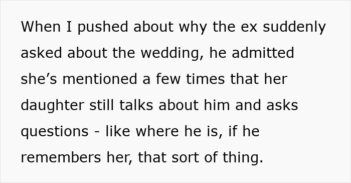 Text excerpt discussing a fiance and non biological child wedding, focusing on ex-partner's concerns about the daughter. Text excerpt discussing a fiance and non biological child wedding, focusing on ex-partner's concerns about the daughter.