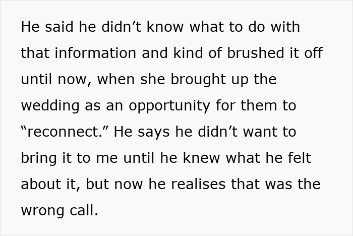 Text excerpt discussing feelings and decisions around a wedding involving a fiance and a non-biological child reconnecting. Text excerpt discussing feelings and decisions around a wedding involving a fiance and a non-biological child reconnecting.