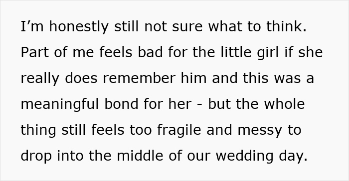Text excerpt discussing emotional complexity of fiance and non-biological child relationship on their wedding day. Text excerpt discussing emotional complexity of fiance and non-biological child relationship on their wedding day.