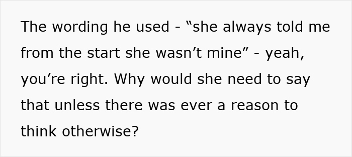 Text discussing doubts about a fiance’s claim regarding a non-biological child in a wedding context. Text discussing doubts about a fiance’s claim regarding a non-biological child in a wedding context.