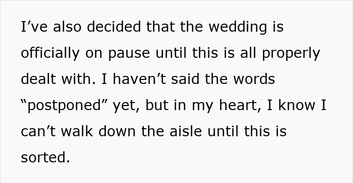 Text excerpt discussing the fiance non-biological child wedding being put on pause until issues are resolved. Text excerpt discussing the fiance non-biological child wedding being put on pause until issues are resolved.