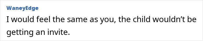 Comment expressing agreement about a non-biological child not receiving a wedding invite from a fiance perspective. Comment expressing agreement about a non-biological child not receiving a wedding invite from a fiance perspective.