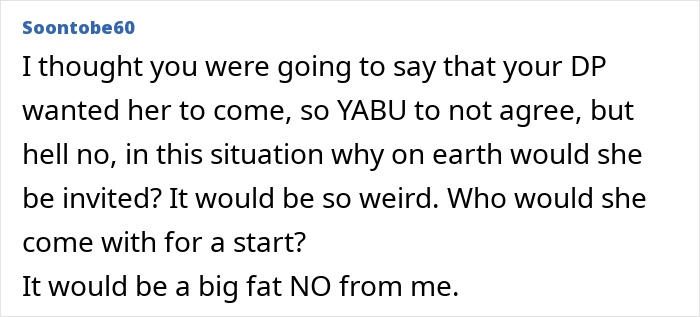 Comment about refusing to invite a non-biological child to fiance's wedding, discussing awkwardness and boundaries. Comment about refusing to invite a non-biological child to fiance's wedding, discussing awkwardness and boundaries.