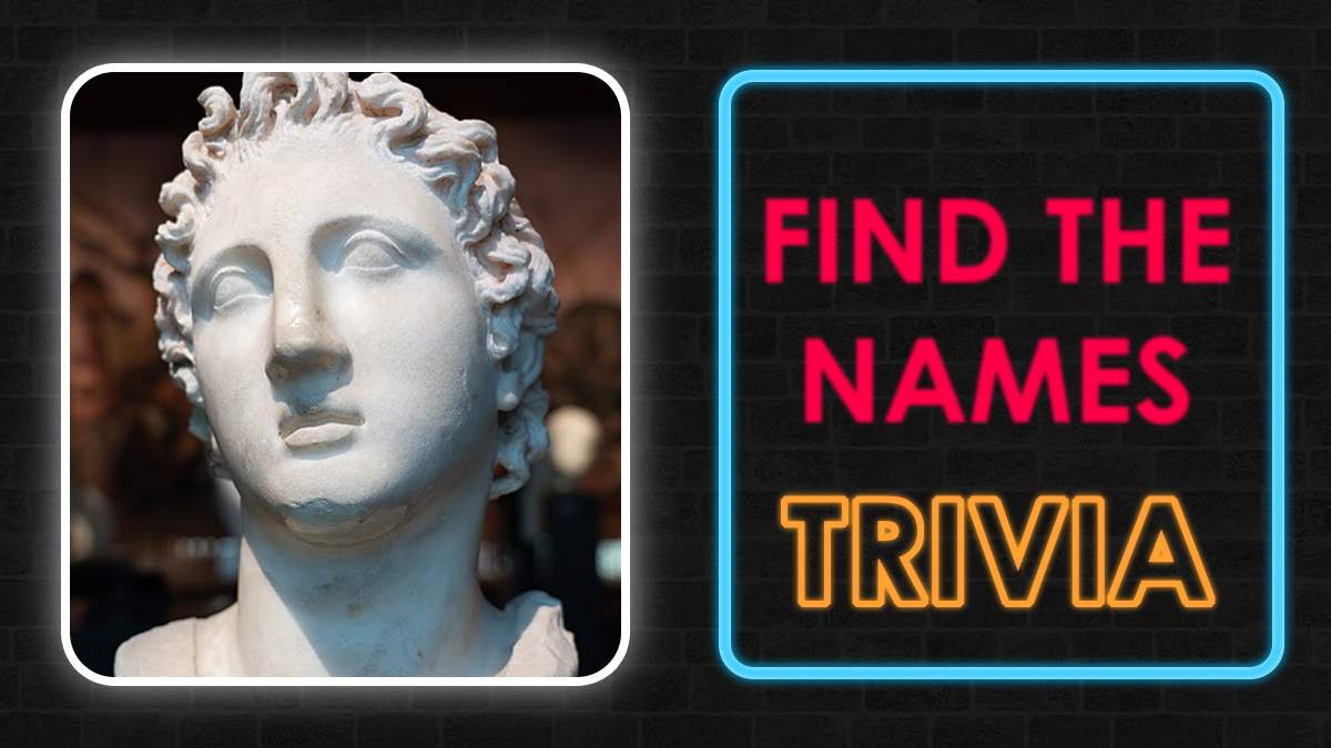 Marble bust of a historical figure next to a neon sign reading find the names trivia challenge.