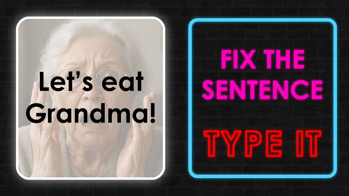 Elderly woman looking shocked with text about fixing sentence errors and Grammarly quiz challenge in neon style.