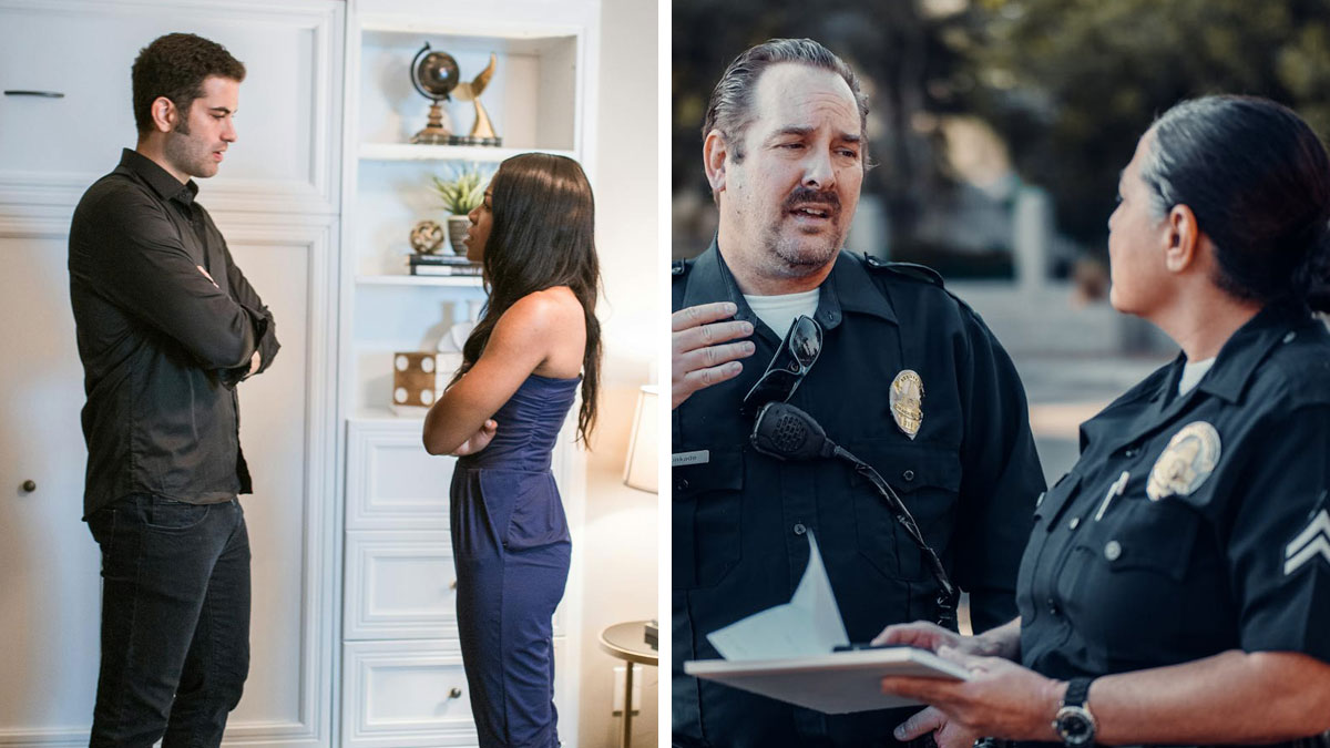 Man and woman arguing indoors while police officers discuss paperwork outdoors about friend breaking into house incident