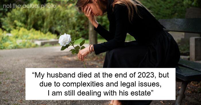 Woman in black sitting on a bench, holding a white rose, stressed while dealing with traumatic loss and estate problems.